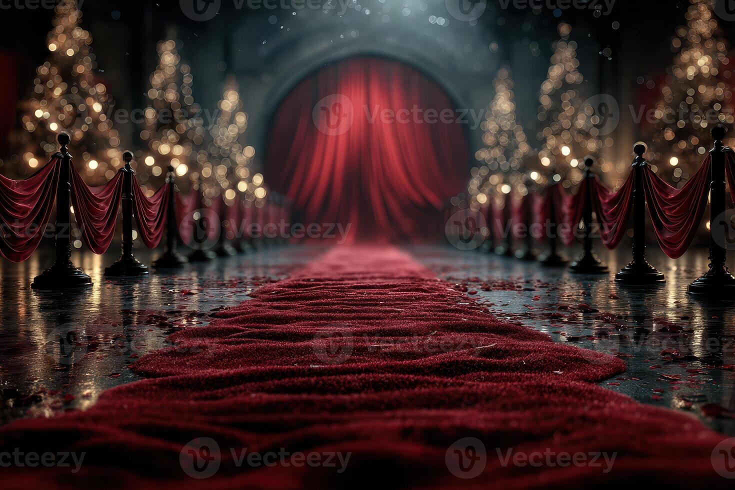 Glamorous red carpet leading to a grand curtain adorned with festive trees during an evening gala event photo