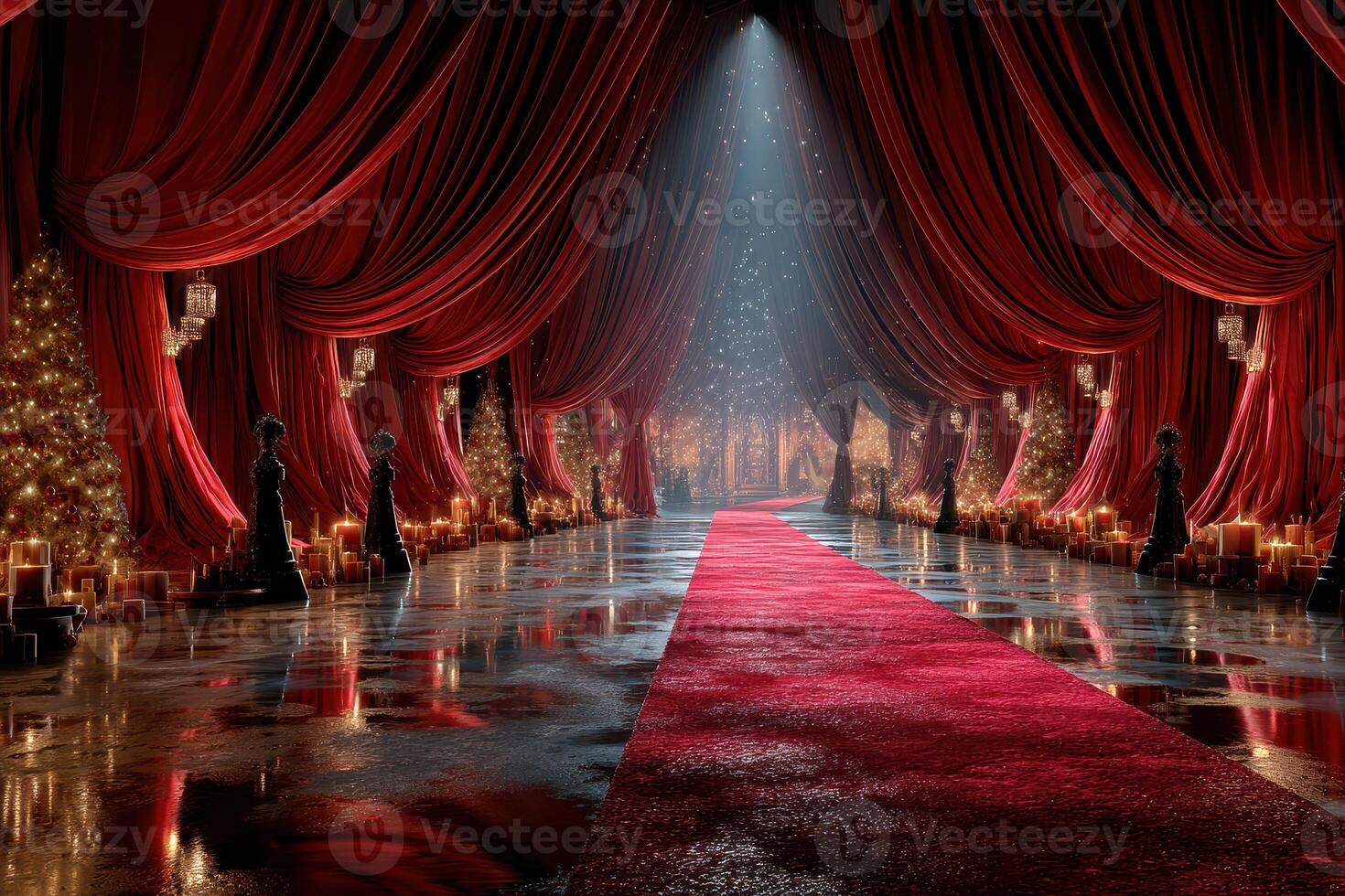 Elegant red carpet pathway adorned with soft lighting and festive decorations in a lavish venue during a night event photo