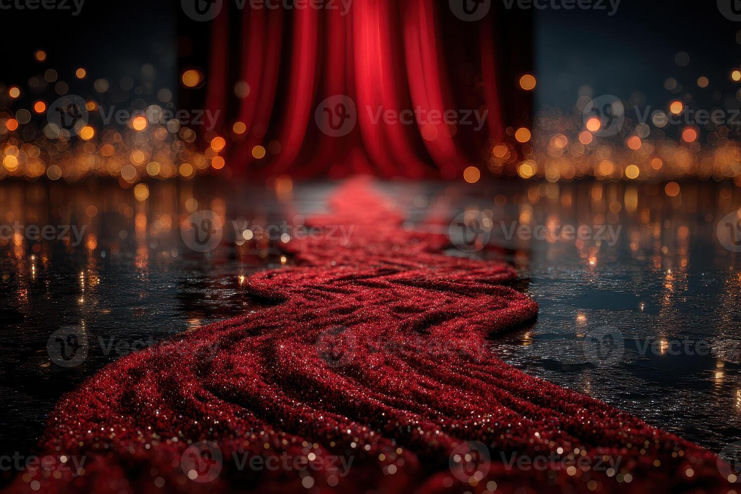 Elegant red carpet leading to dramatic stage with sparkling lights at night event photo