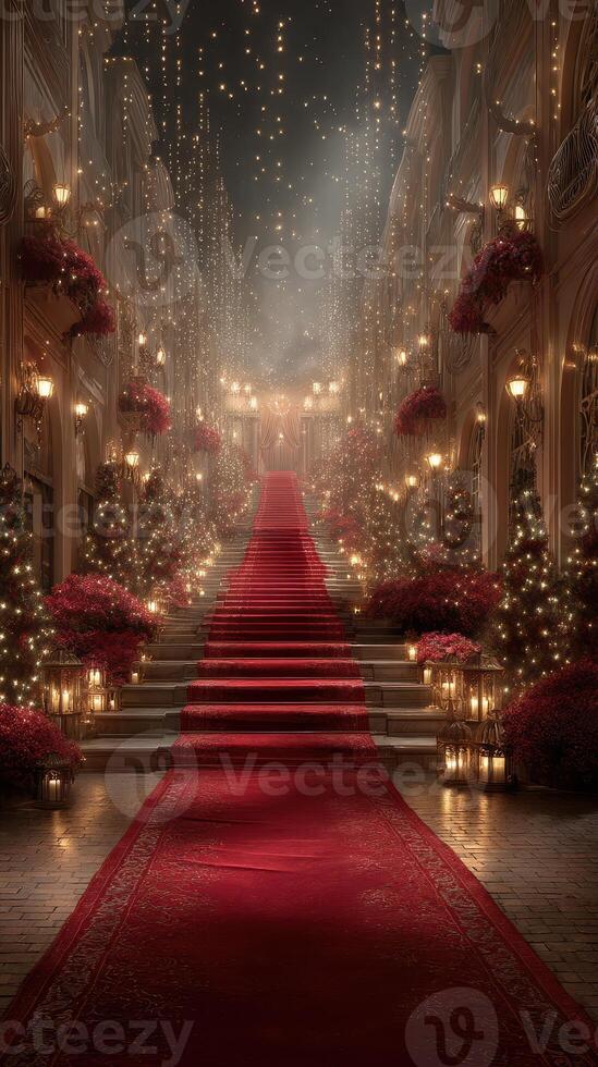 Luxurious staircase lined with flowers and lights at an elegant evening event in a historic building photo