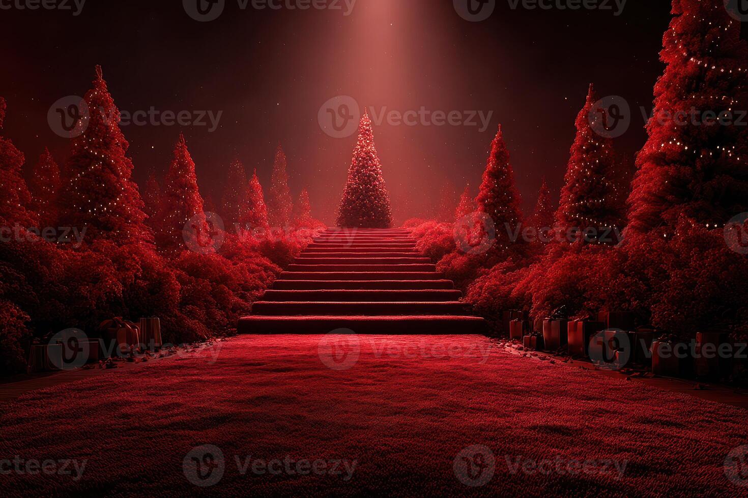 Stairway leading to a red glowing Christmas tree surrounded by decorated shrubs at night photo
