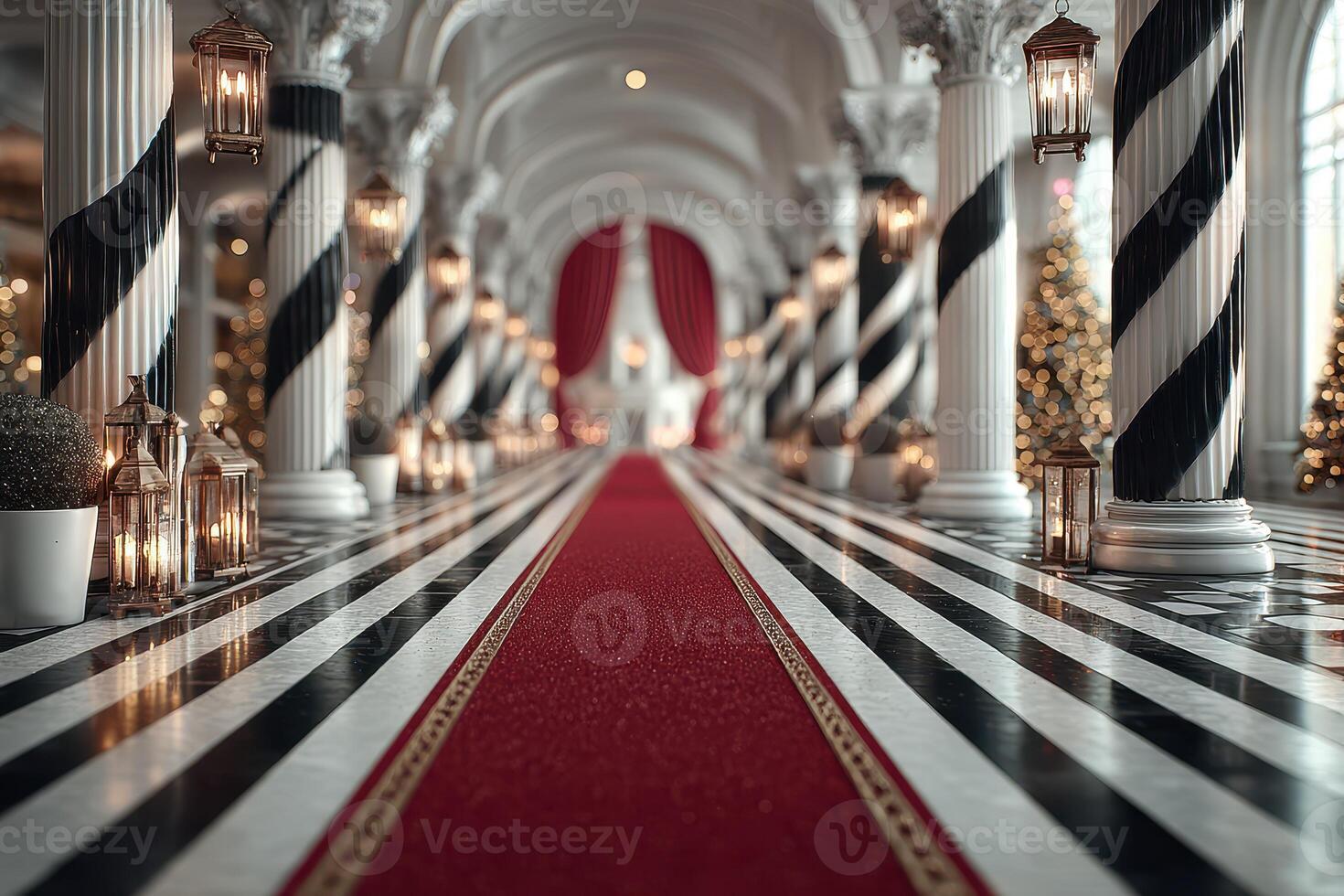 Elegant red carpet leads to a beautifully decorated hall adorned with Christmas lights and ornate columns during the festive season photo