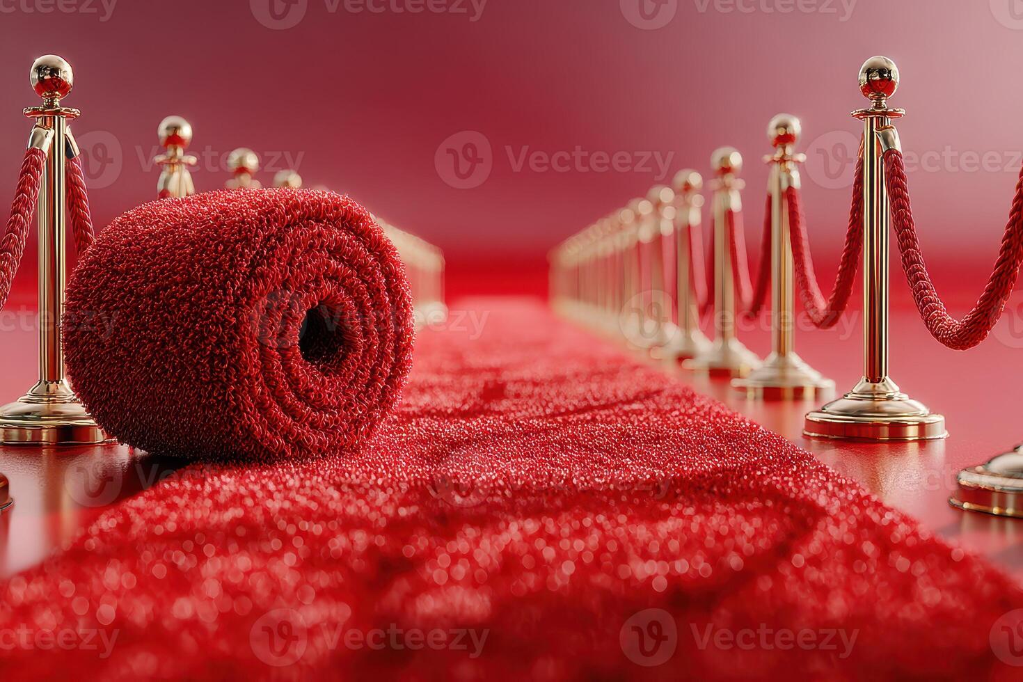 Elegant red carpet event preparation with velvet ropes and stanchions in a luxurious setting photo