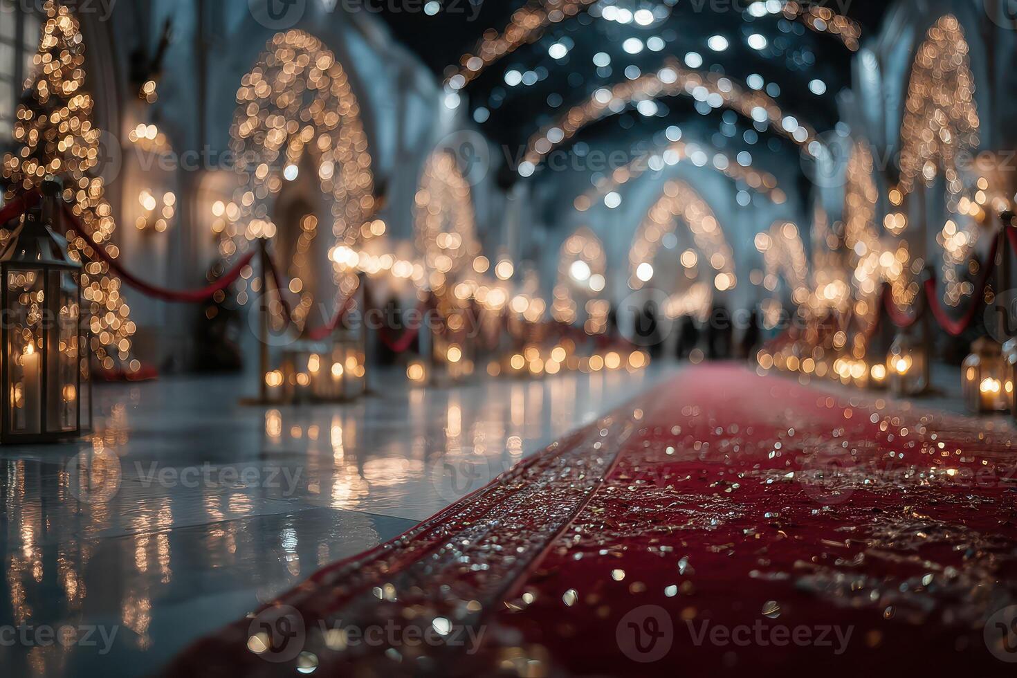 Elegant evening gala with sparkling decorations and a lavish red carpet at a festive venue photo