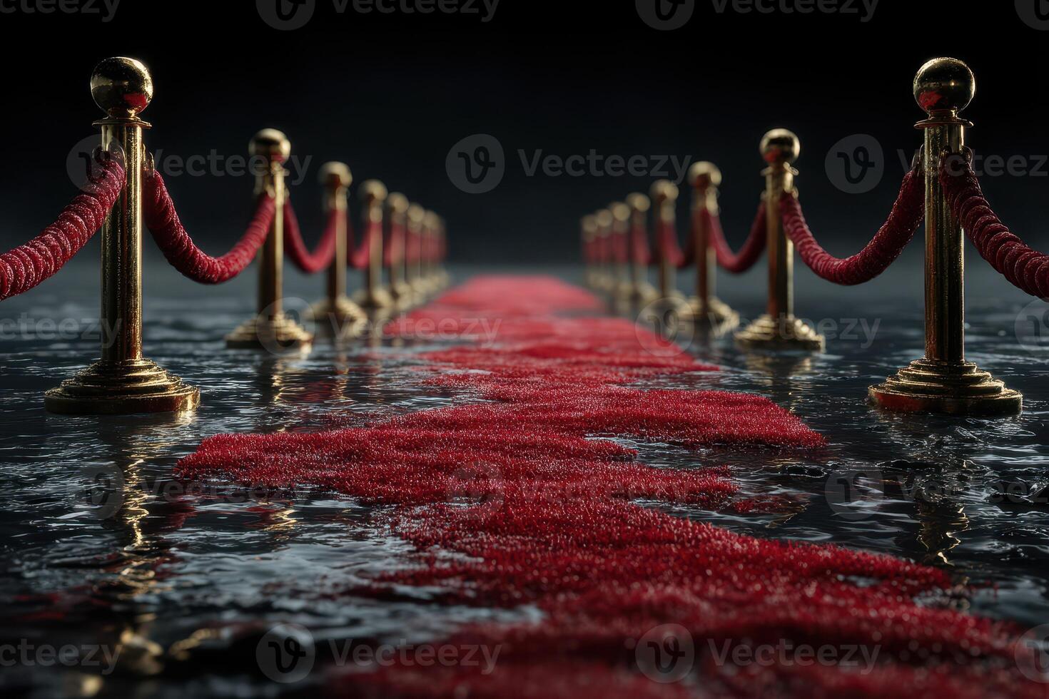 Elegant red carpet pathway lined with golden stanchions leads to an unknown destination in a serene atmosphere photo