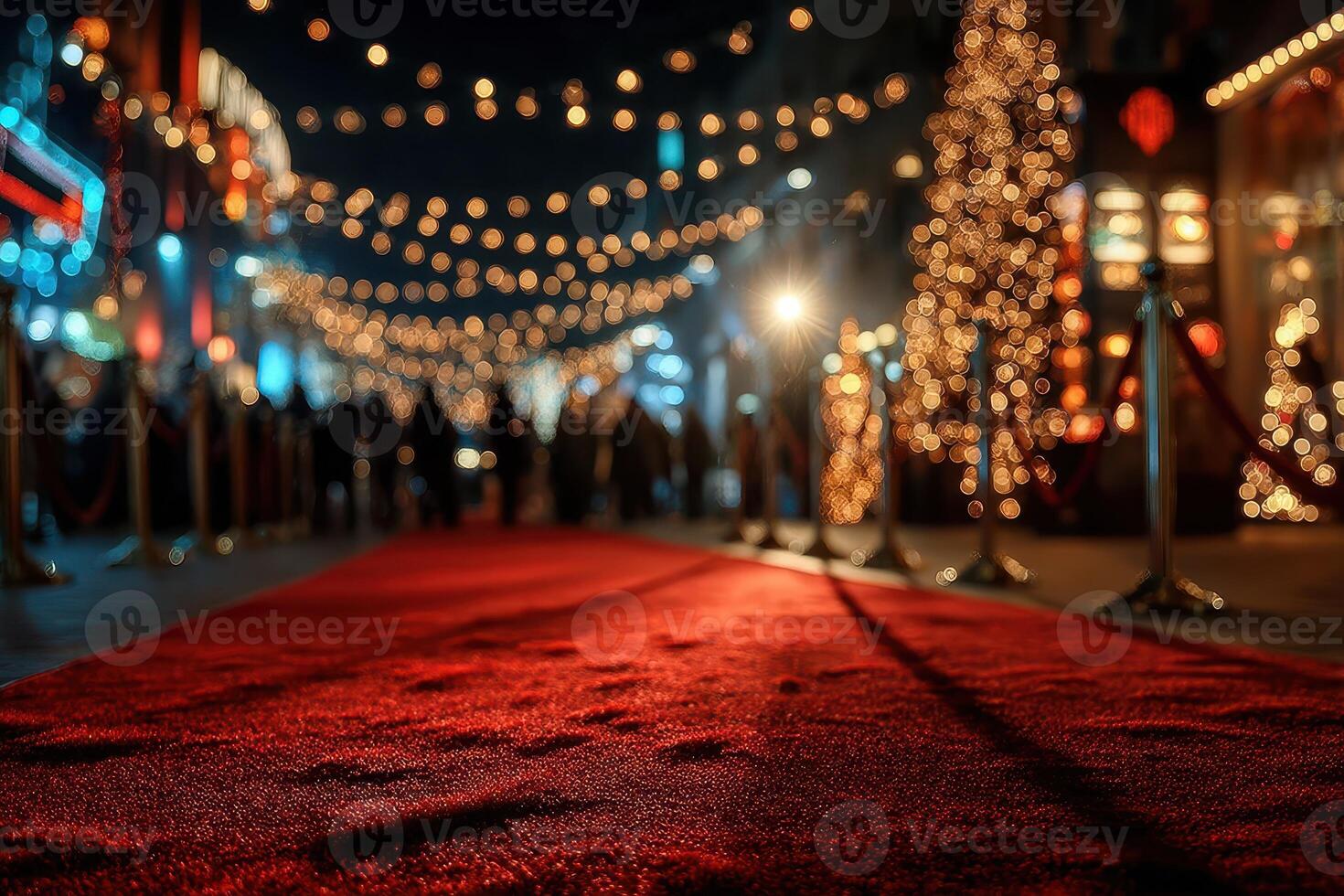 Elegant red carpet leading to festive lights during a night event in a bustling city photo