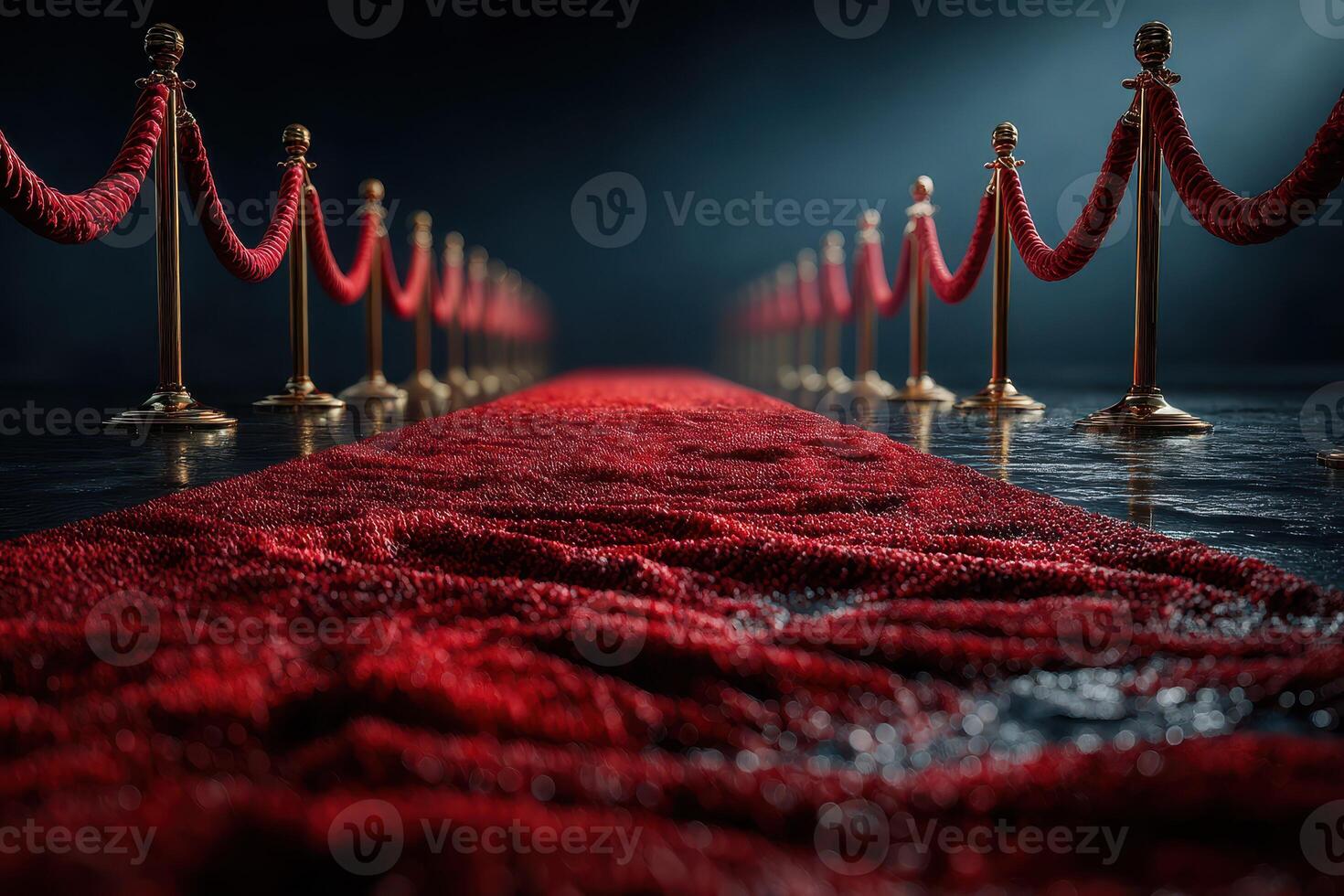 Elegant red carpet lined with golden stanchions welcome guests to a glamorous event in an upscale venue photo