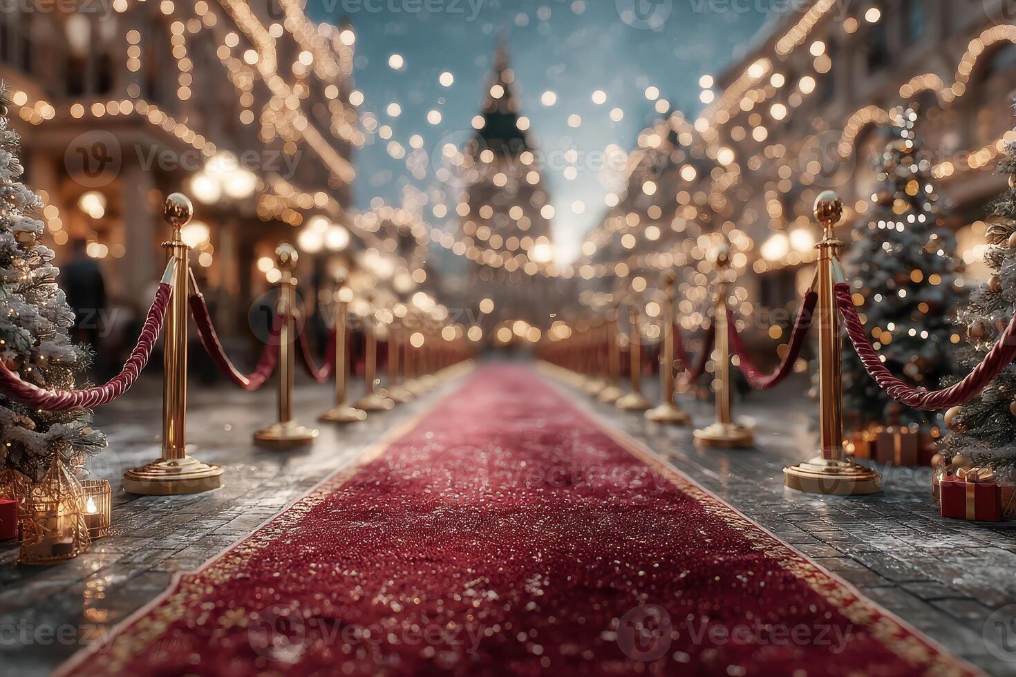 Elegant holiday walkway adorned with festive decorations during nighttime festivities in a vibrant city square photo