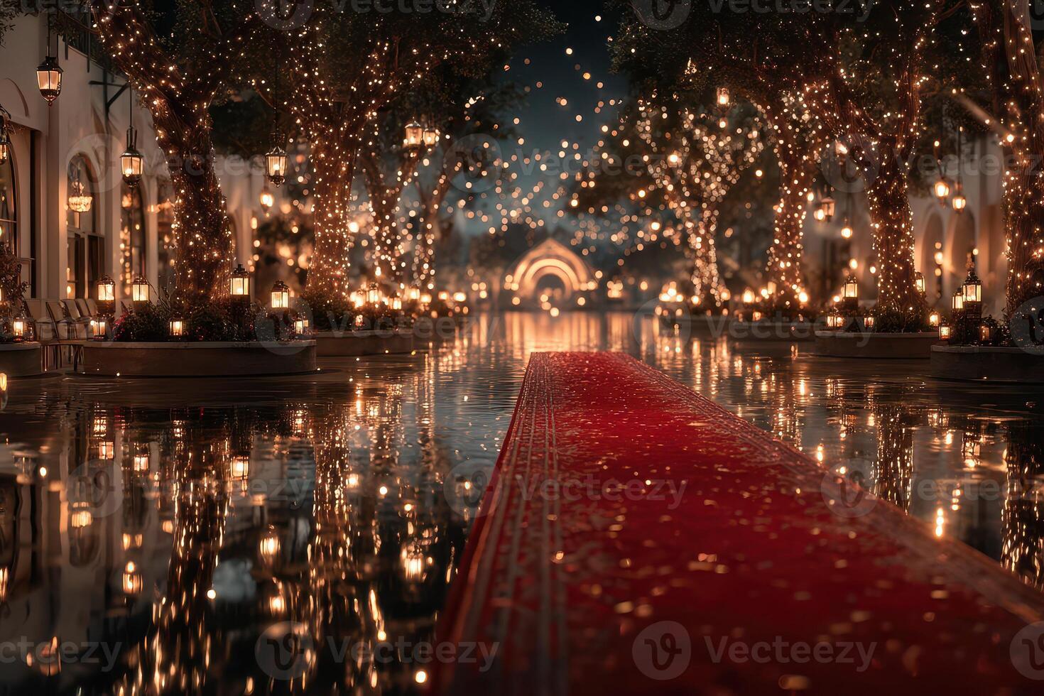 Elegant outdoor walkway adorned with lights and reflections during nighttime event celebration photo