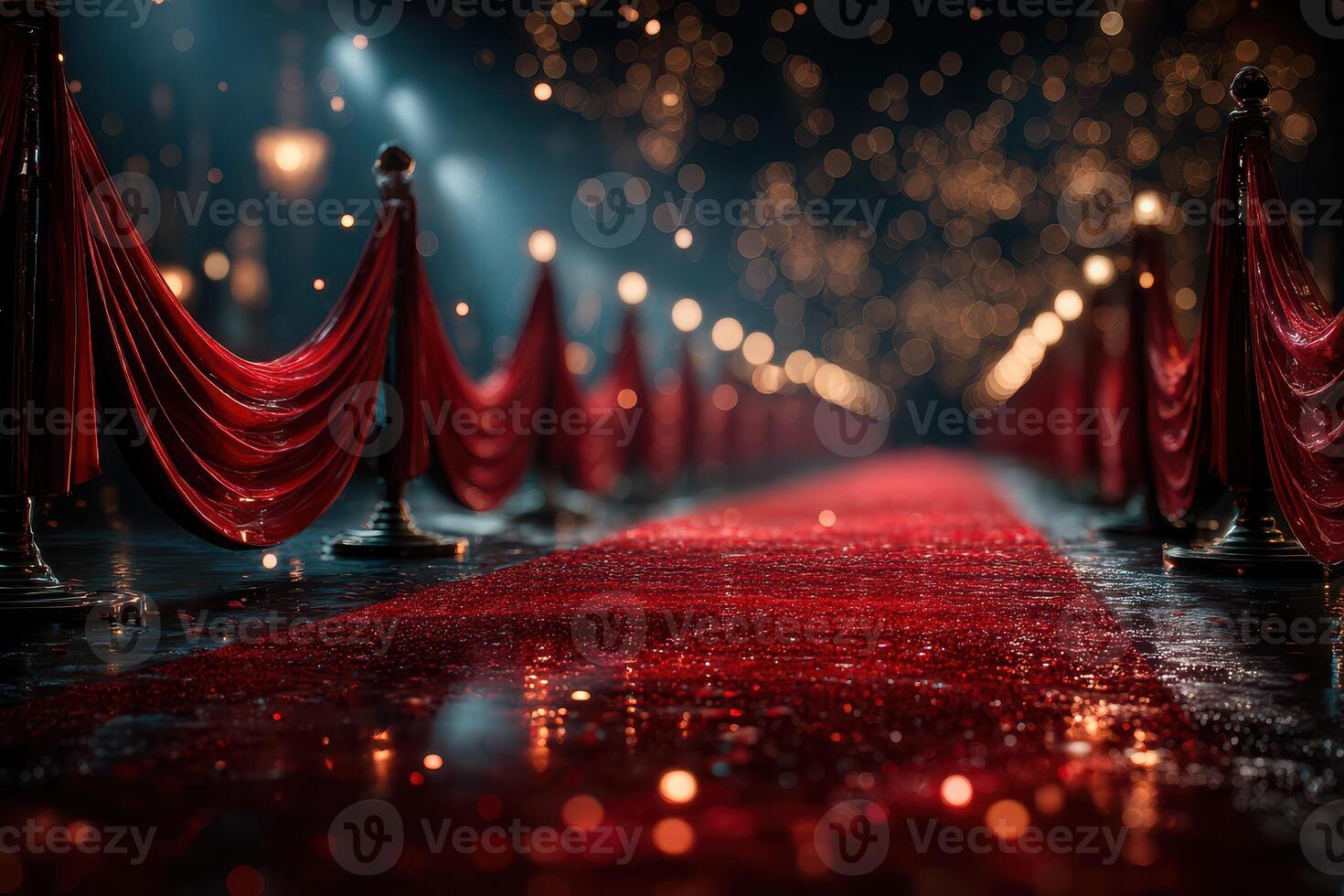 Red carpet at night with glimmering lights and elegant decorations for a special event photo