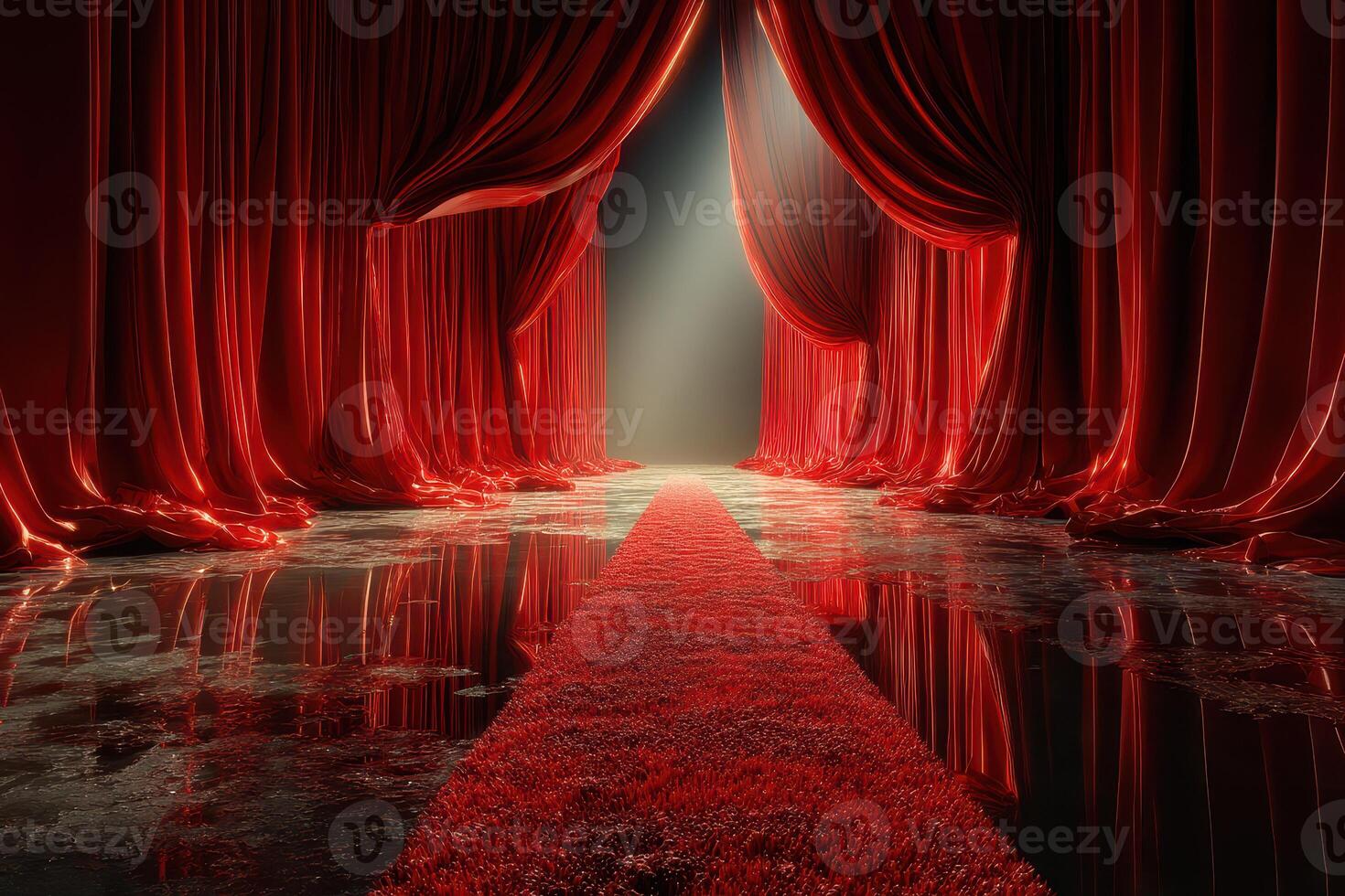 Luxurious red velvet curtains create a dramatic entrance along a shimmering reflective path photo