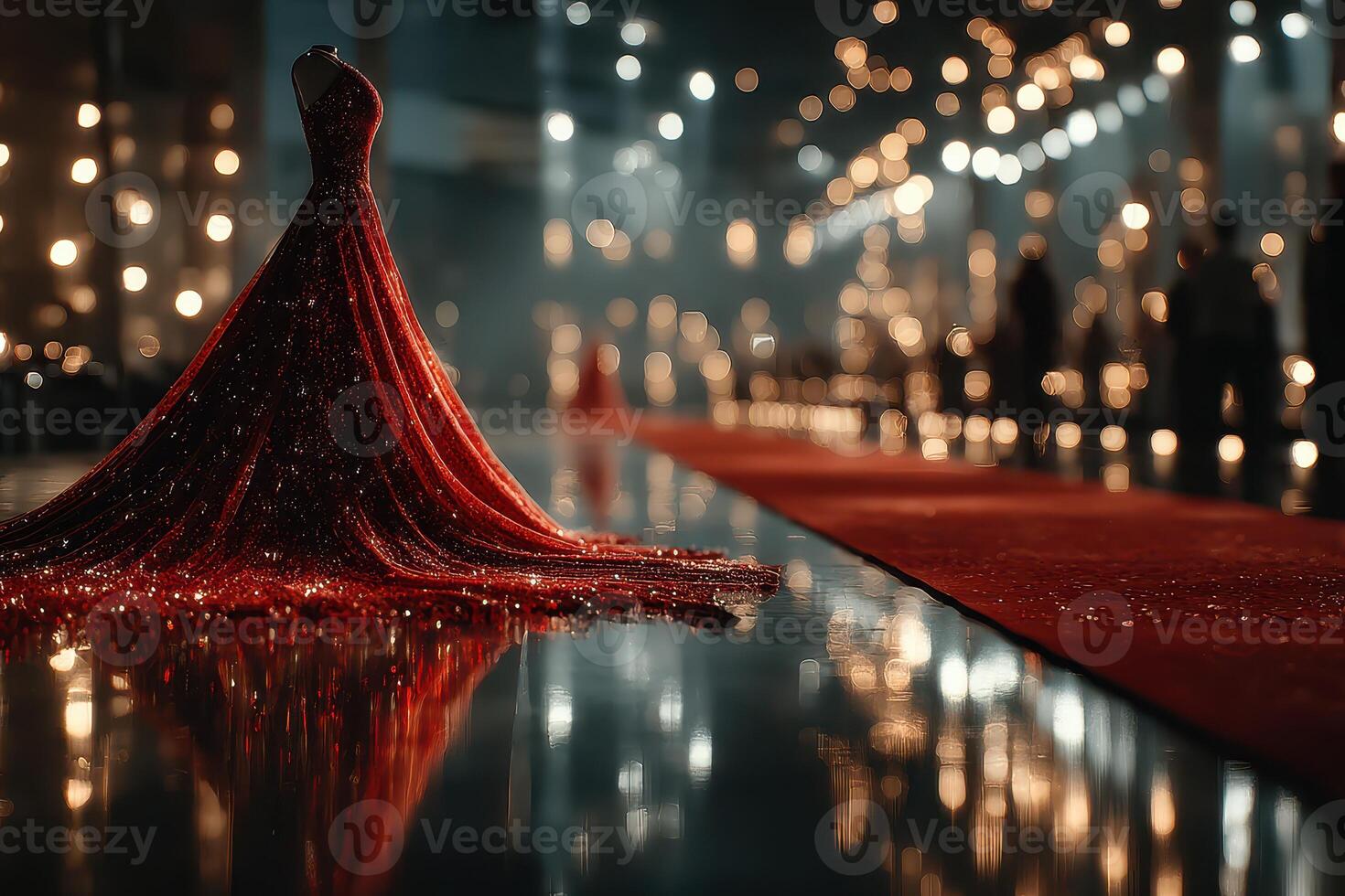 Elegant red gown showcased on a reflective runway during a glamorous evening event in a beautifully lit venue photo