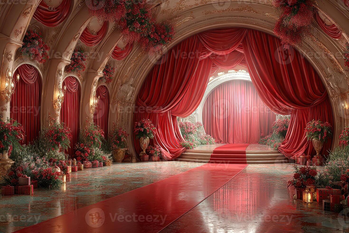 Elegant red velvet stage adorned with flowers and lush decorations, perfect for a grand celebration setting photo