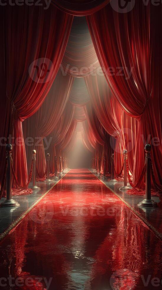 Red velvet curtain hallway with shining floor reflects light in a dramatic setting photo