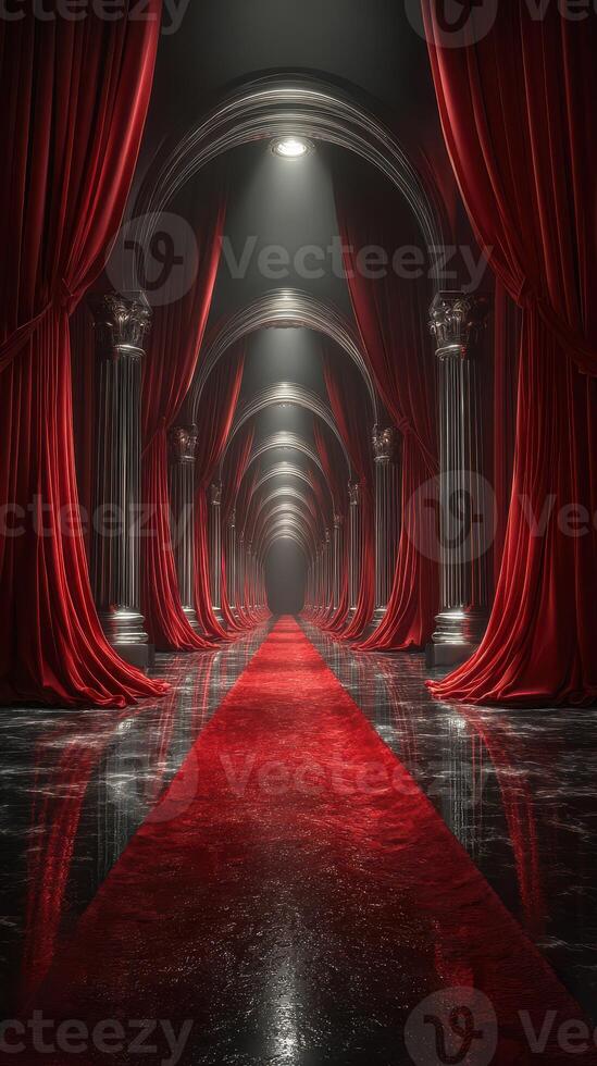Elegant corridor lined with red curtains in a dramatic architectural setting photo
