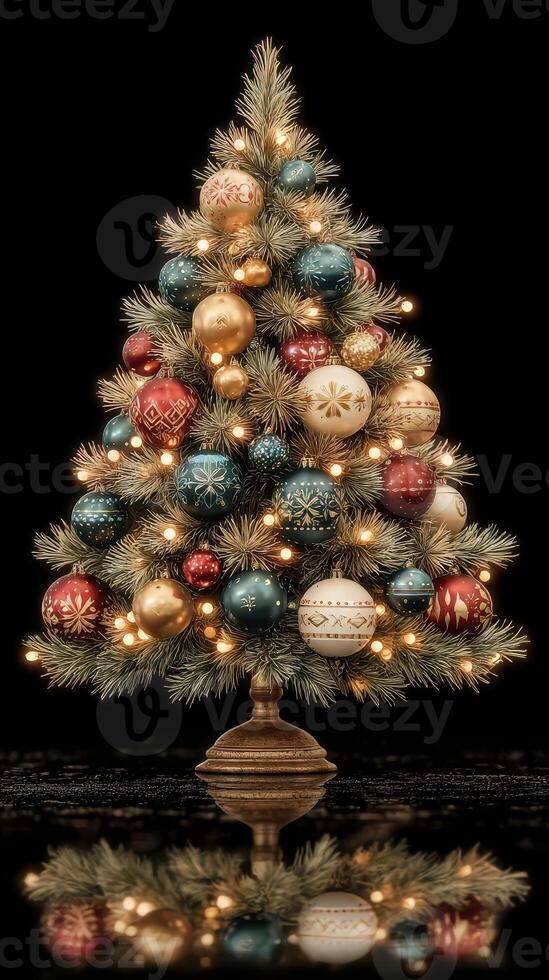 Beautifully decorated Christmas tree with colorful ornaments and warm lights glowing in a dark setting photo