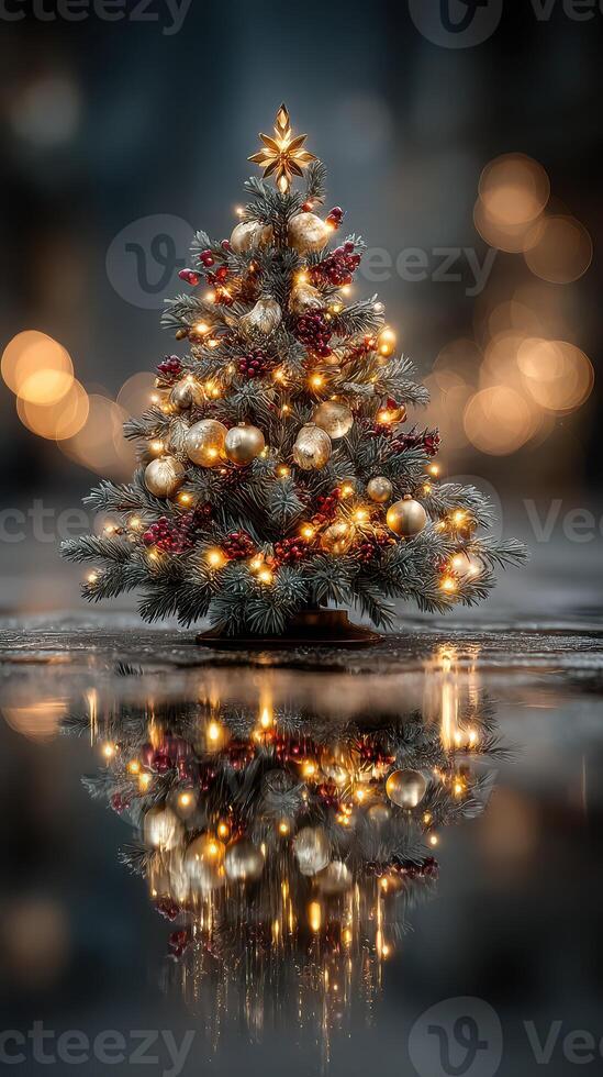 Sparkling Christmas Tree with Lights and Ornaments Reflected in Water photo