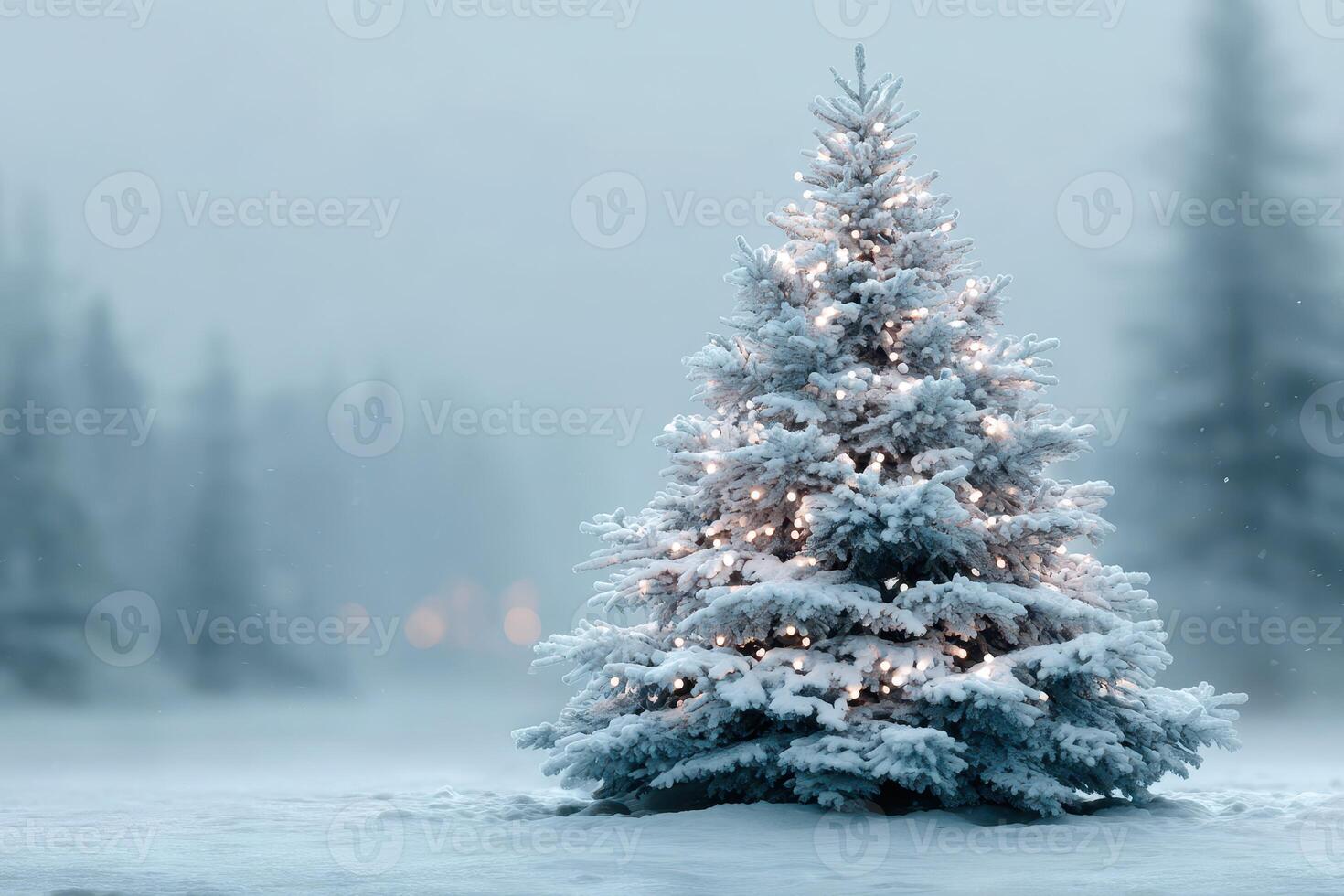 Snow-covered Christmas tree adorned with lights in a winter landscape at dusk photo