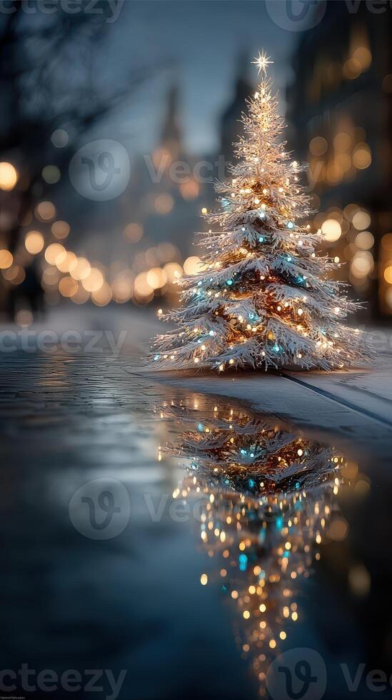 Festive holiday tree illuminated at twilight in a charming urban setting near a reflective puddle photo