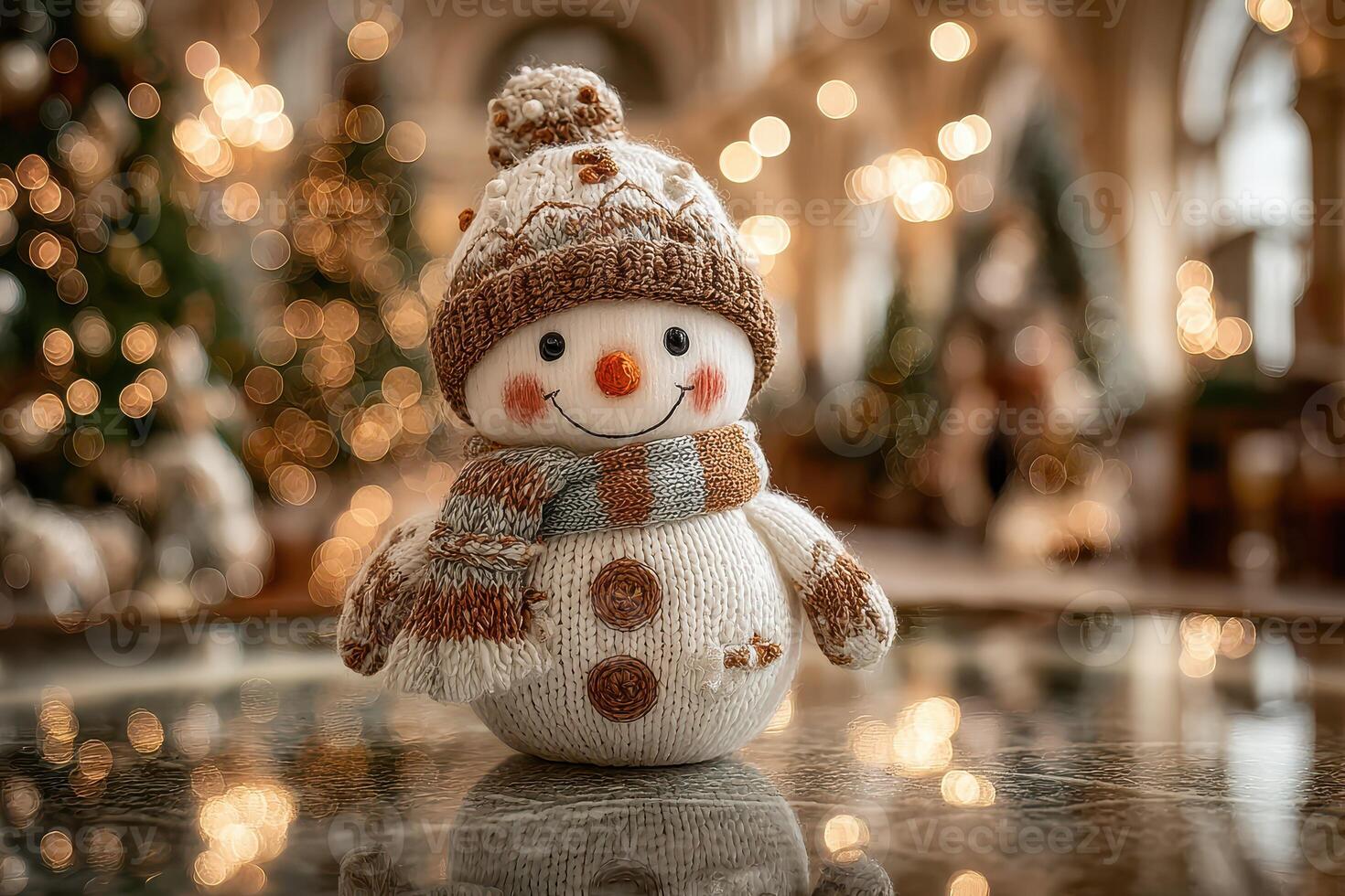 Charming handmade snowman decoration in a cozy holiday setting with glowing lights and festive trees photo