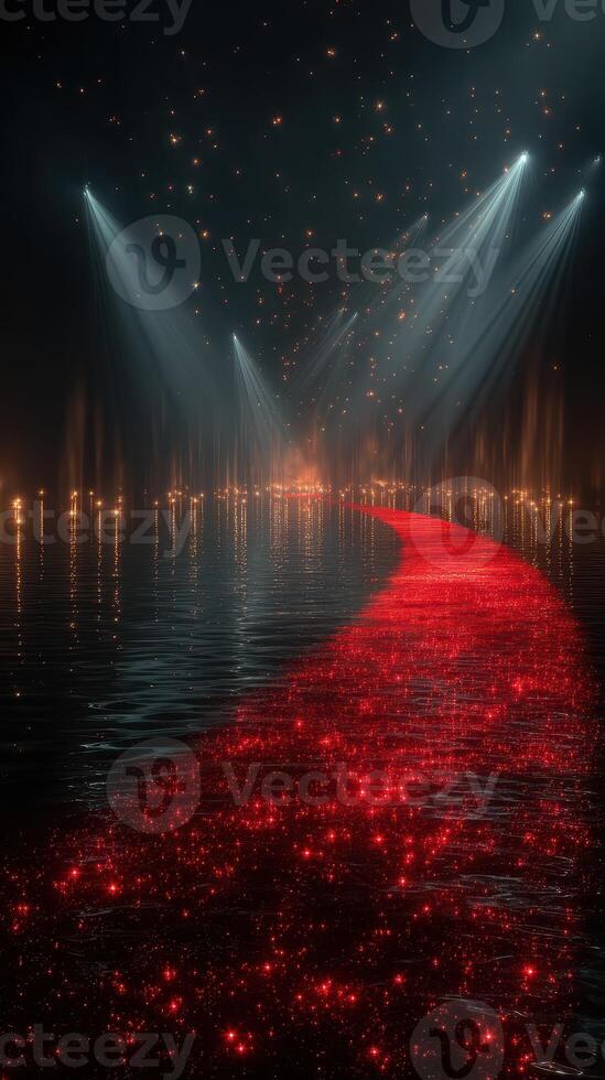 Stunning red pathway illuminated by lights leading into a mysterious reflective water surface at night photo