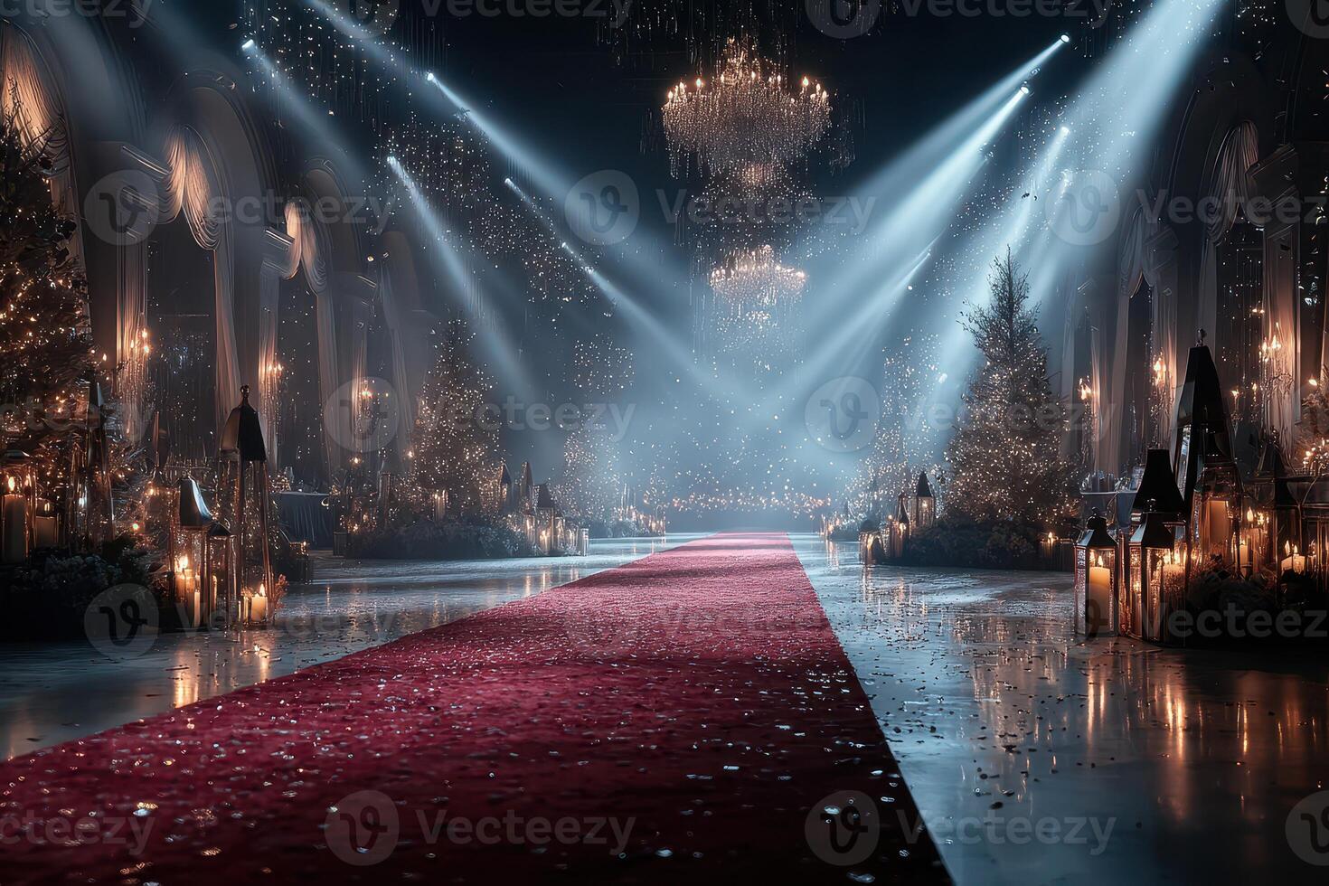 Elegant holiday gala setting with a red carpet and chandeliers in a grand venue photo