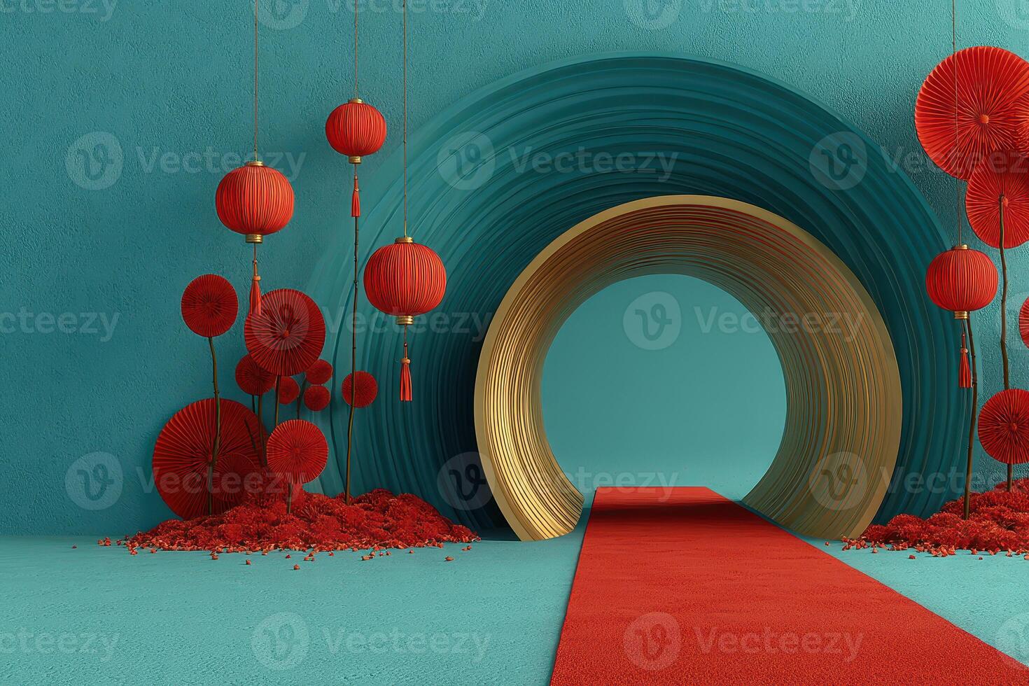 Festive red and gold entrance design featuring lanterns and decorative elements in serene blue setting photo