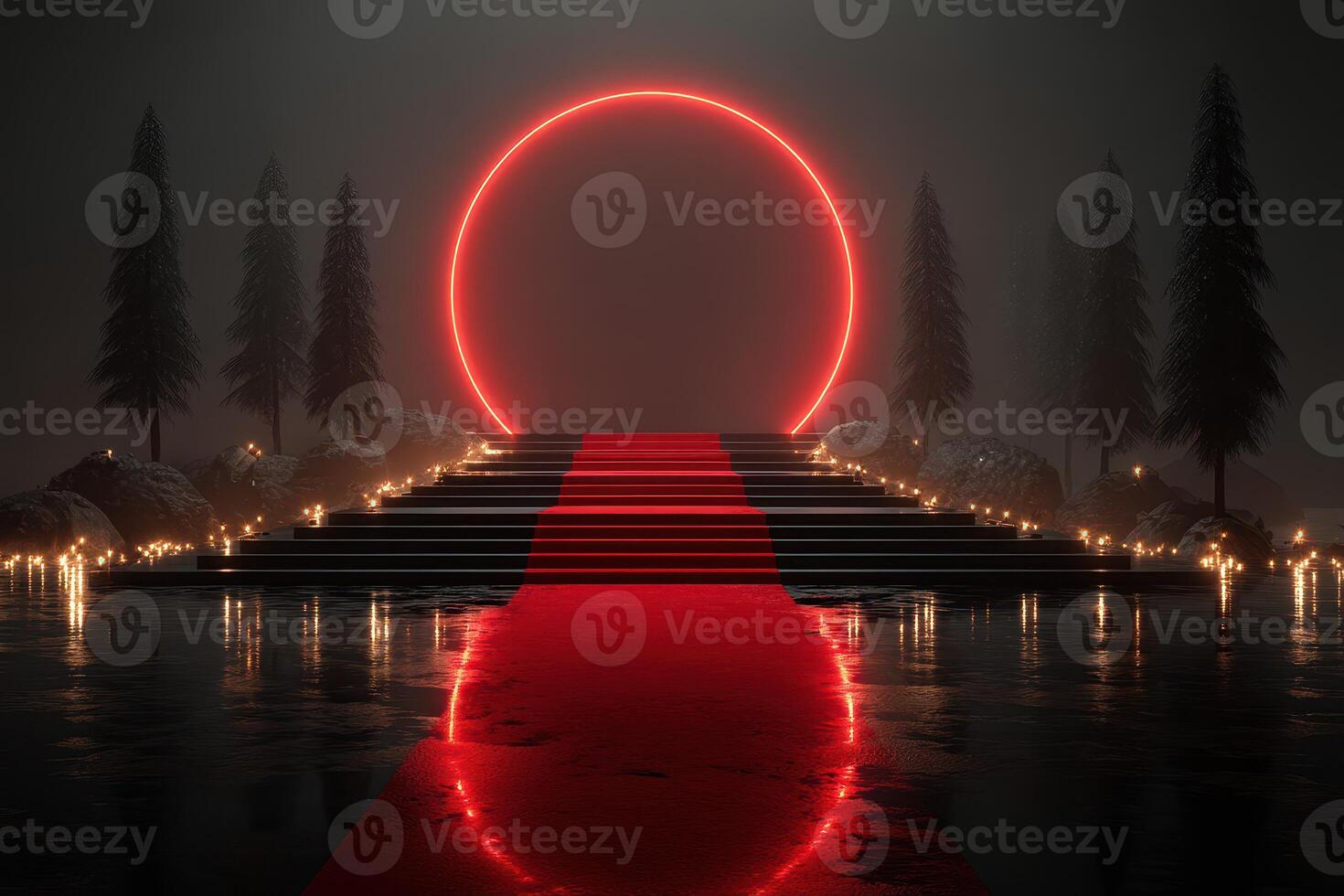 Illuminated red circle over stone steps with a red carpet, surrounded by trees and candles at twilight photo