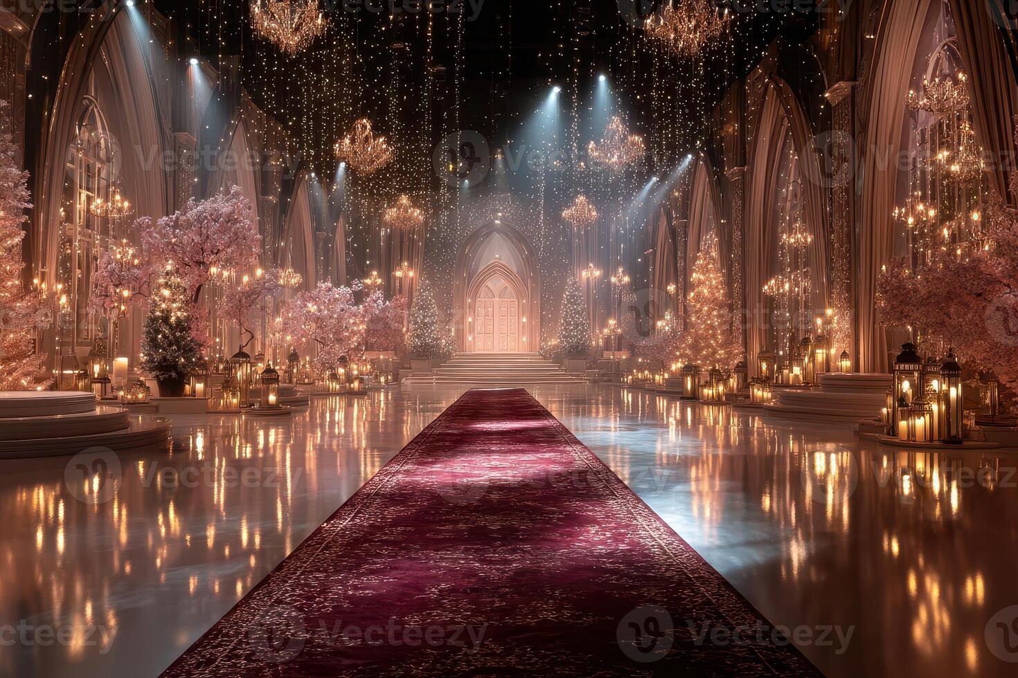 Lavishly decorated hall with twinkling lights and elegant ambiance for a special event at night photo