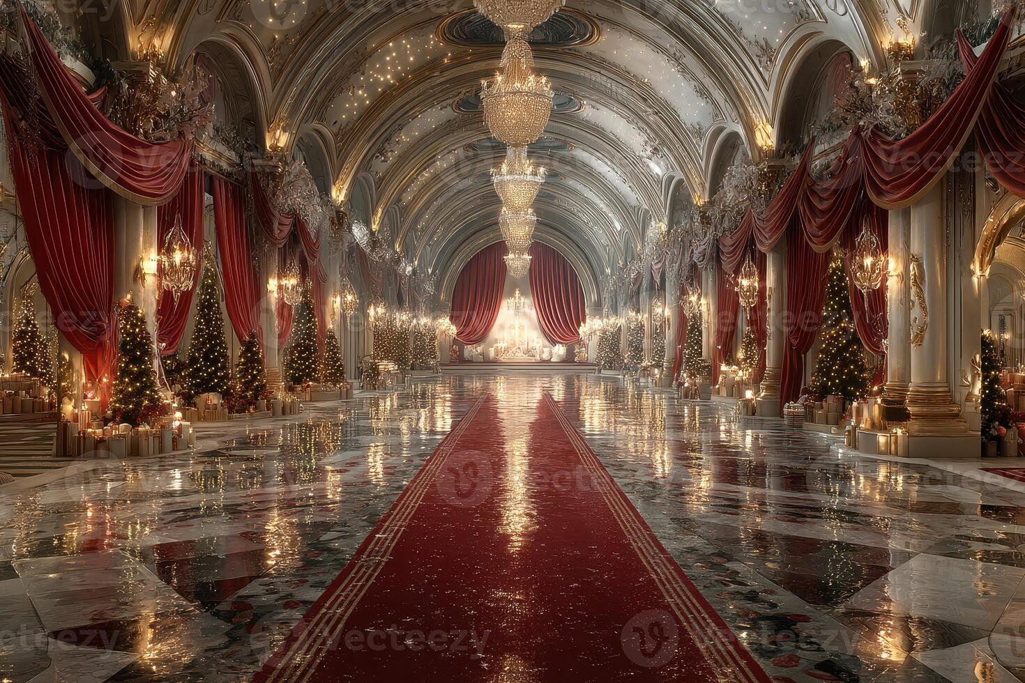 Elegant Christmas hall adorned with decorations and soft lighting in a luxurious setting photo