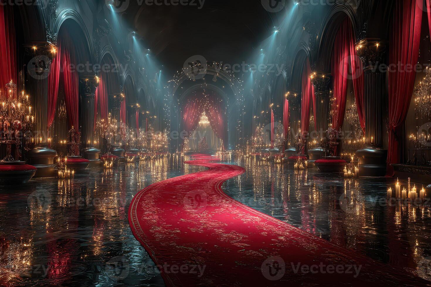 Elegant ballroom with a grand carpet and luxurious decor illuminated by candles and soft lighting in a majestic setting photo