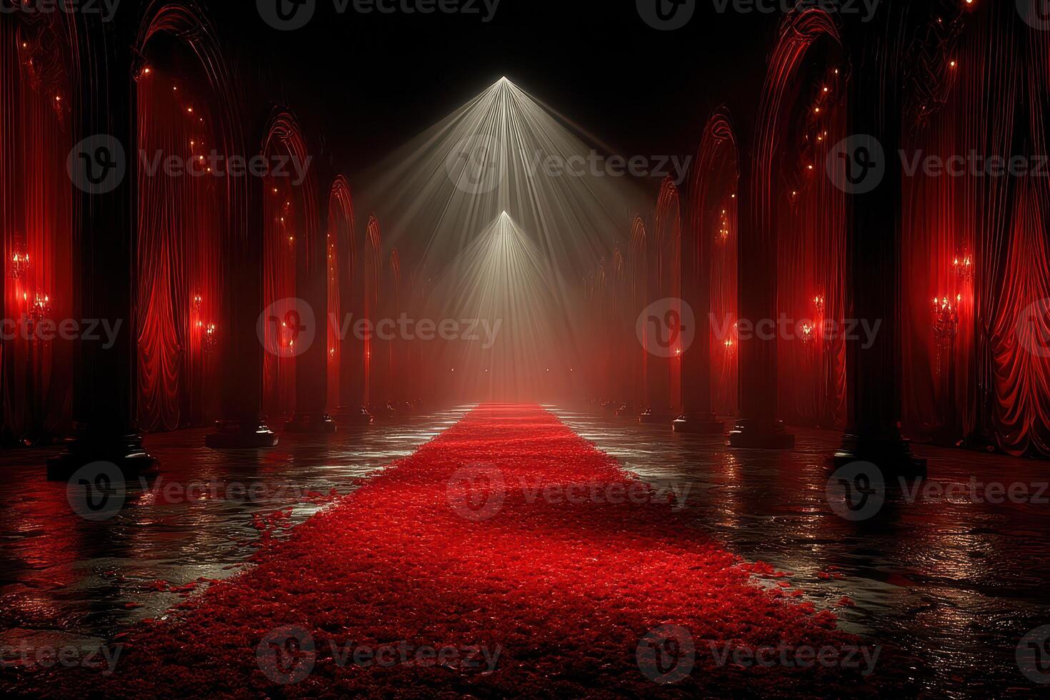 Red carpet lined with rose petals in a grand, dimly lit hall with spotlight effects photo
