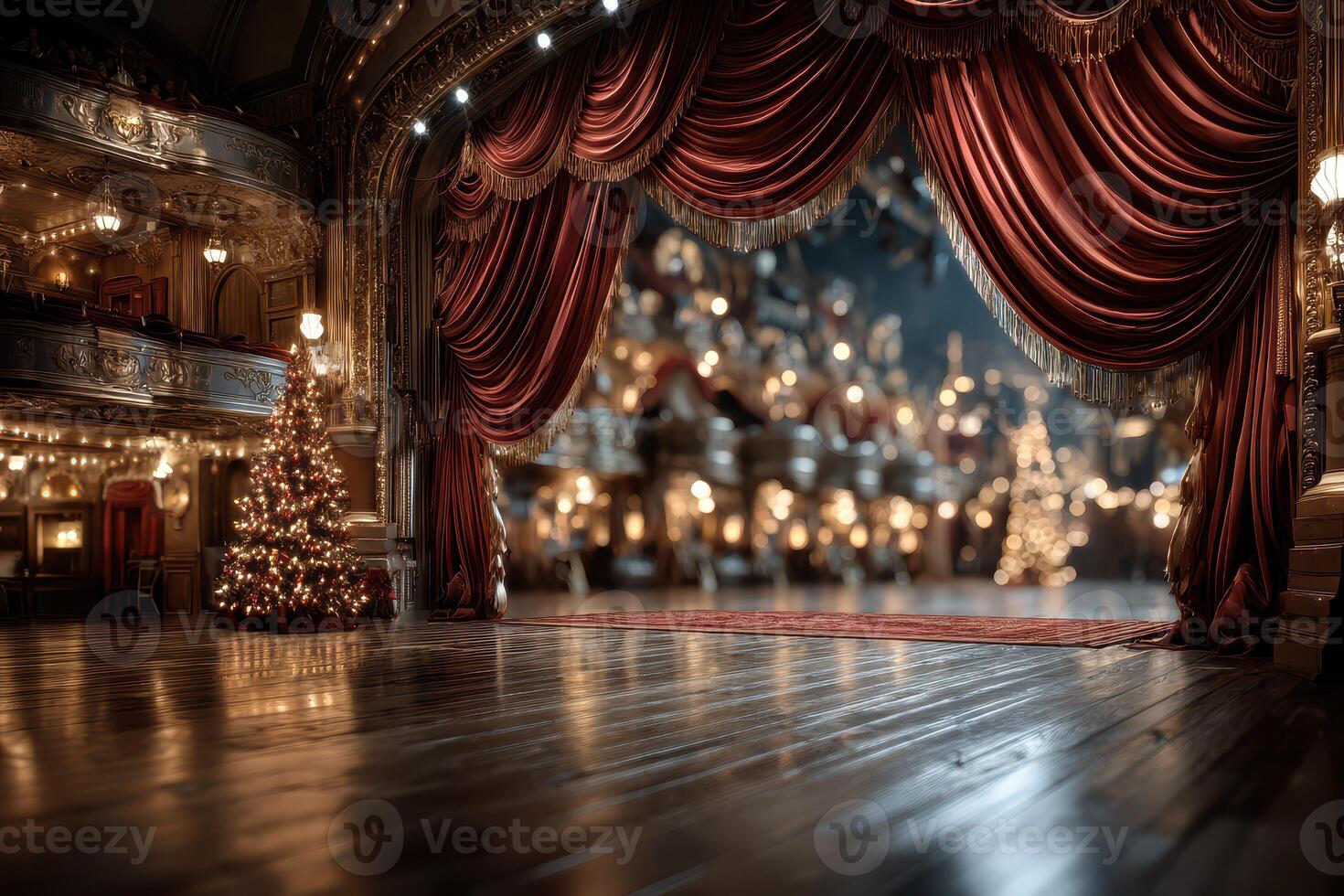 Elegant theater stage with ornate curtains and a beautifully decorated Christmas tree at night photo