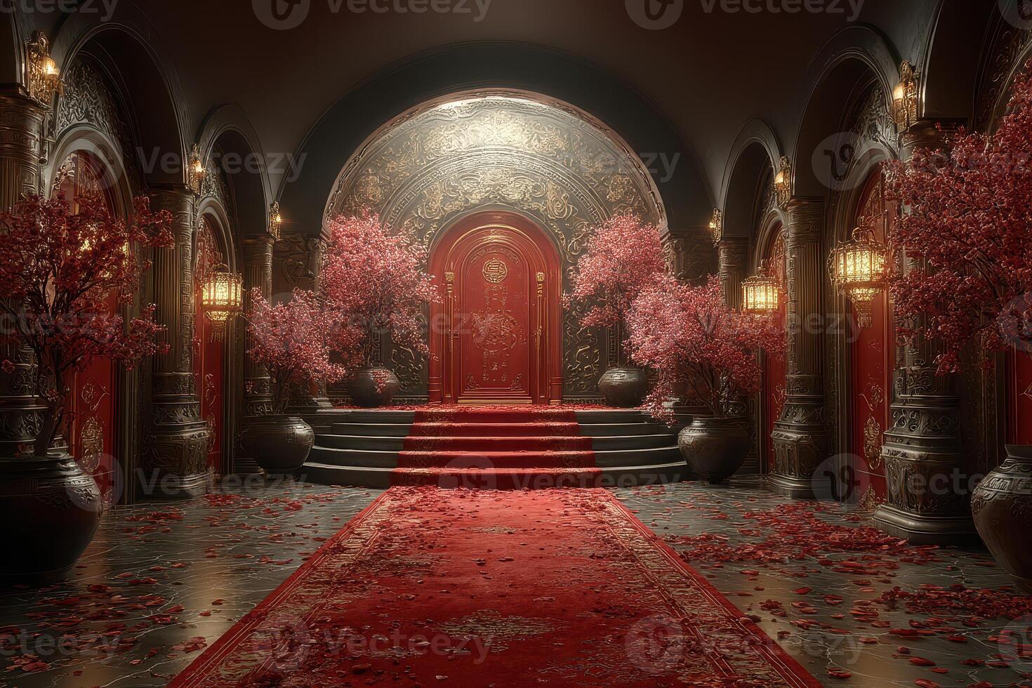 Elegant hall adorned with cherry blossoms and intricate architecture during a serene evening photo