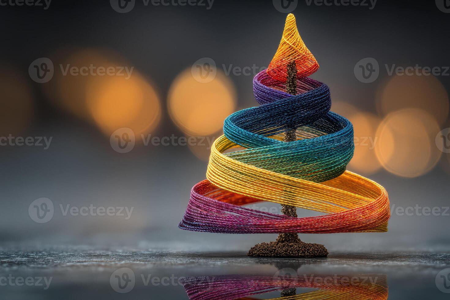 Colorful yarn tree decoration with vibrant ribbons on blurred background during festive season photo