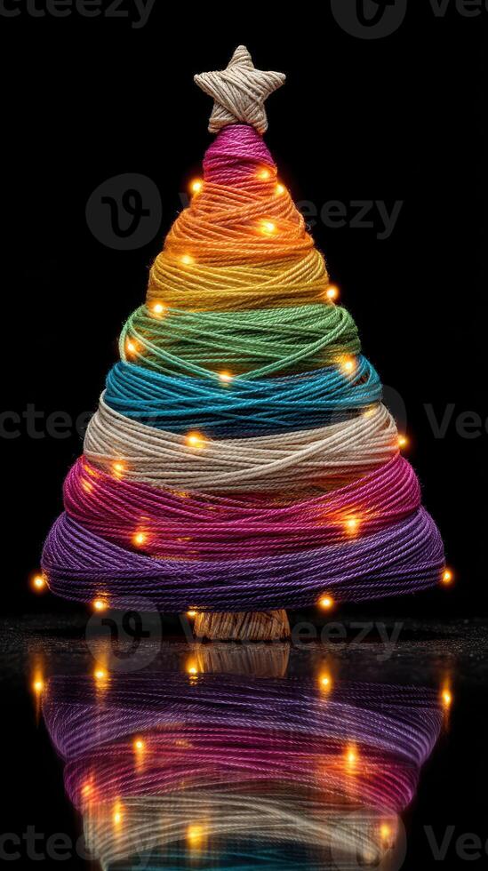 Colorful yarn Christmas tree with twinkling lights displayed on a reflective surface during the holiday season photo
