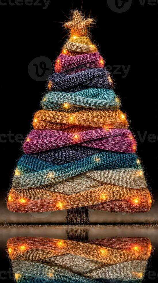 Creative display of colorful thread forming a festive Christmas tree with lights at night photo