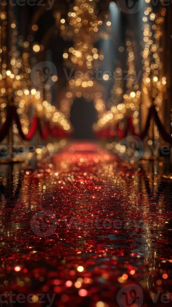 Elegant venue adorned with shimmering lights and a reflective red pathway for an extravagant celebration photo