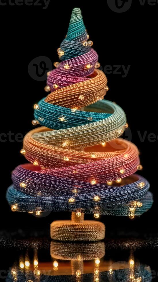 Unique decorative Christmas tree crafted from colorful twisted strings with lights shining softly photo