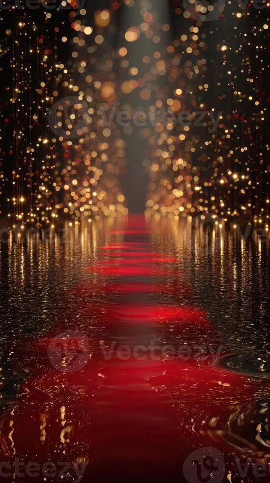 Red carpet pathway shines under sparkling lights in an elegant setting for a glamorous event photo