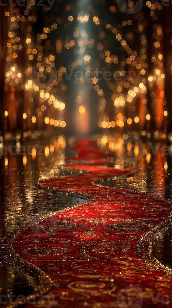 Elegant red carpet illuminated by soft lights in a festive indoor setting during the evening photo