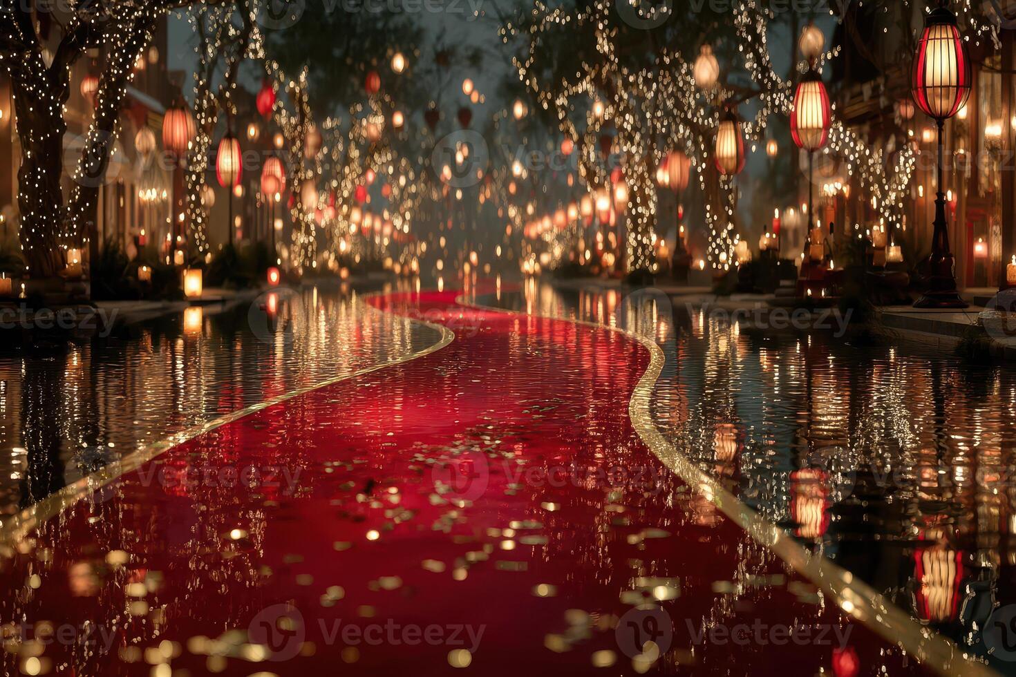 Stunning festive walkway adorned with lanterns and lights along a serene waterway in the evening glow photo