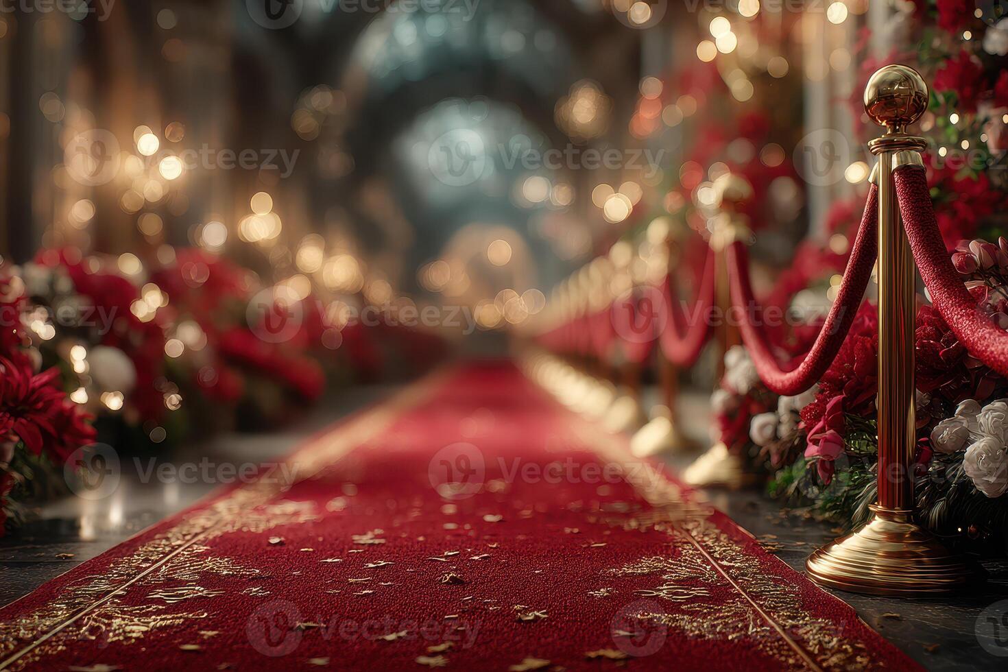 Elegant decor adorns a festive red carpet leading to a beautifully lit entrance during a winter celebration event photo