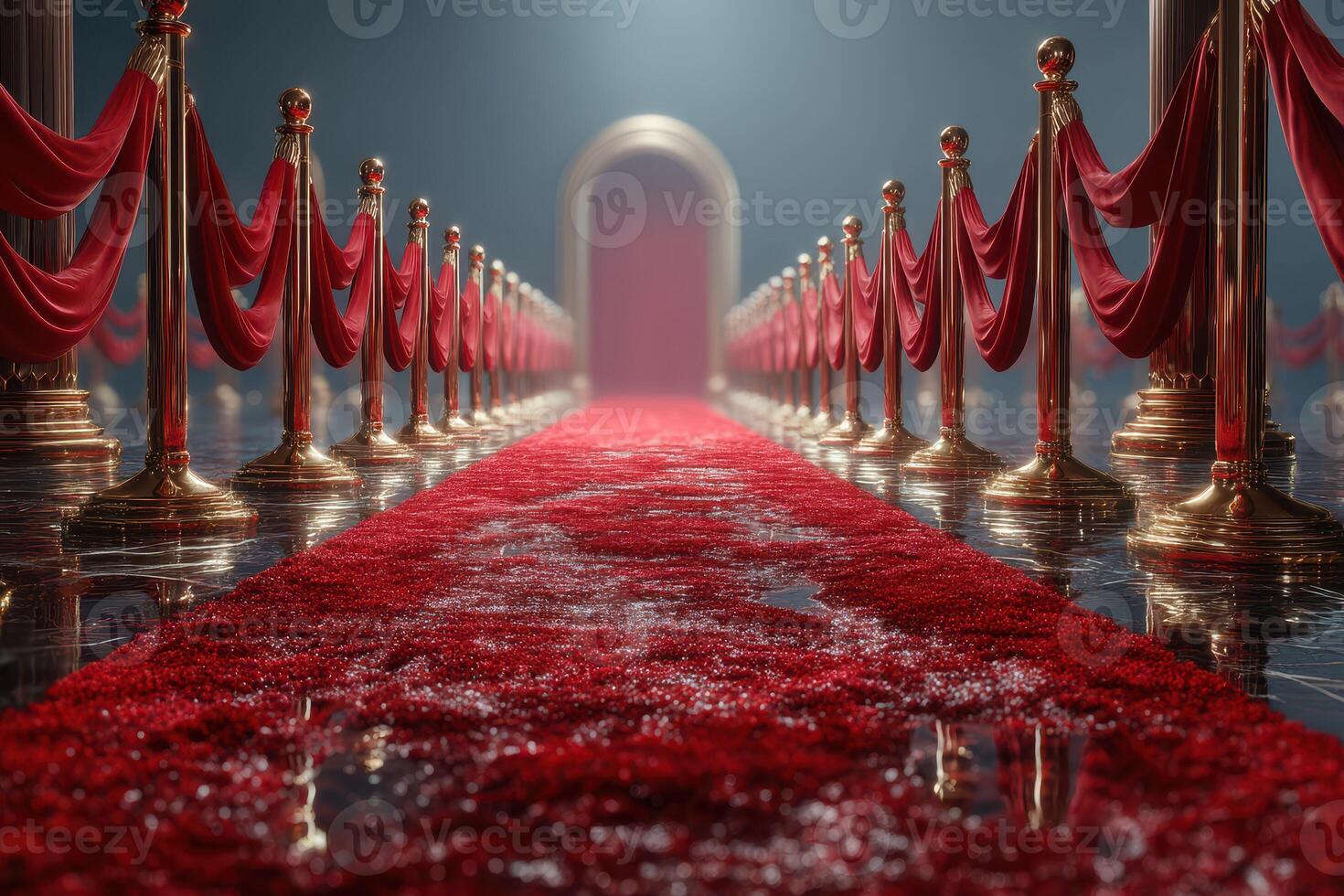 Red carpet leading to a grand archway illuminated by soft light in an elegant venue setting photo