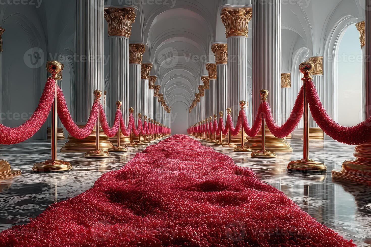Luxurious red carpet pathway in an opulent hall with majestic columns and golden accents photo