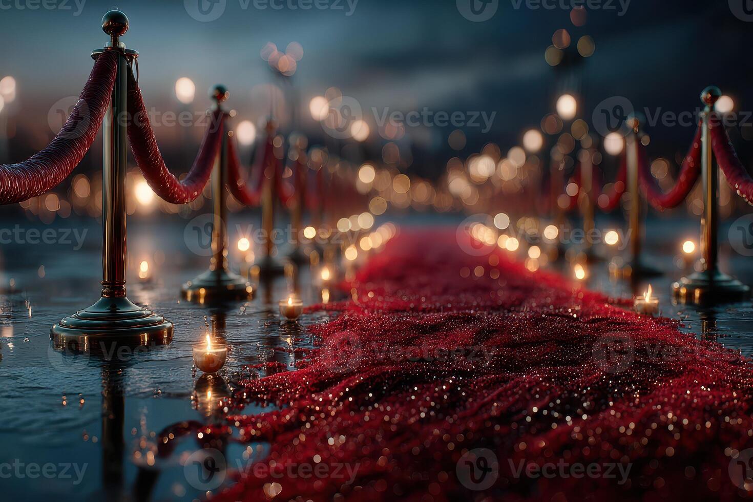 Elegant red carpet leading to a glamorous event at twilight with glowing lights and reflections on wet pavement photo