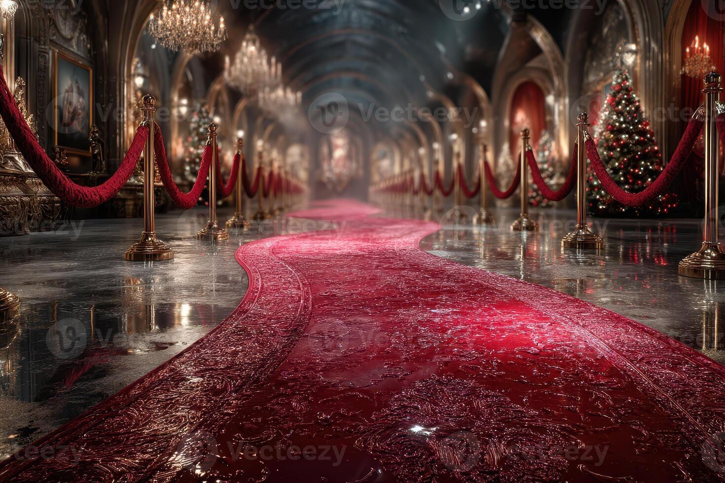 Elegant red carpet leading through a lavishly decorated hall with chandeliers and festive decor during a gala event photo