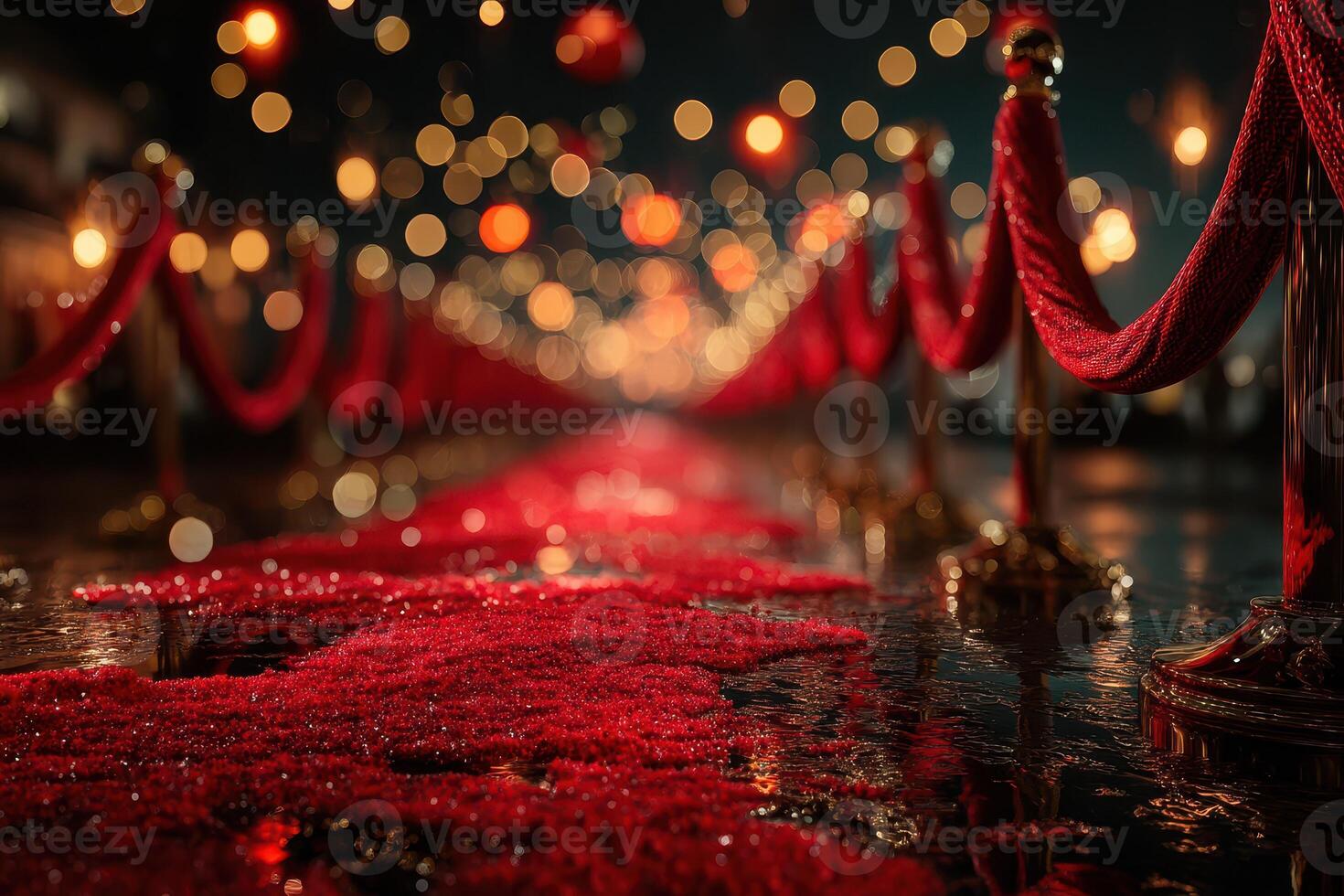 Elegant red carpet leading to a festive event at night with glowing lights and decorative ropes photo