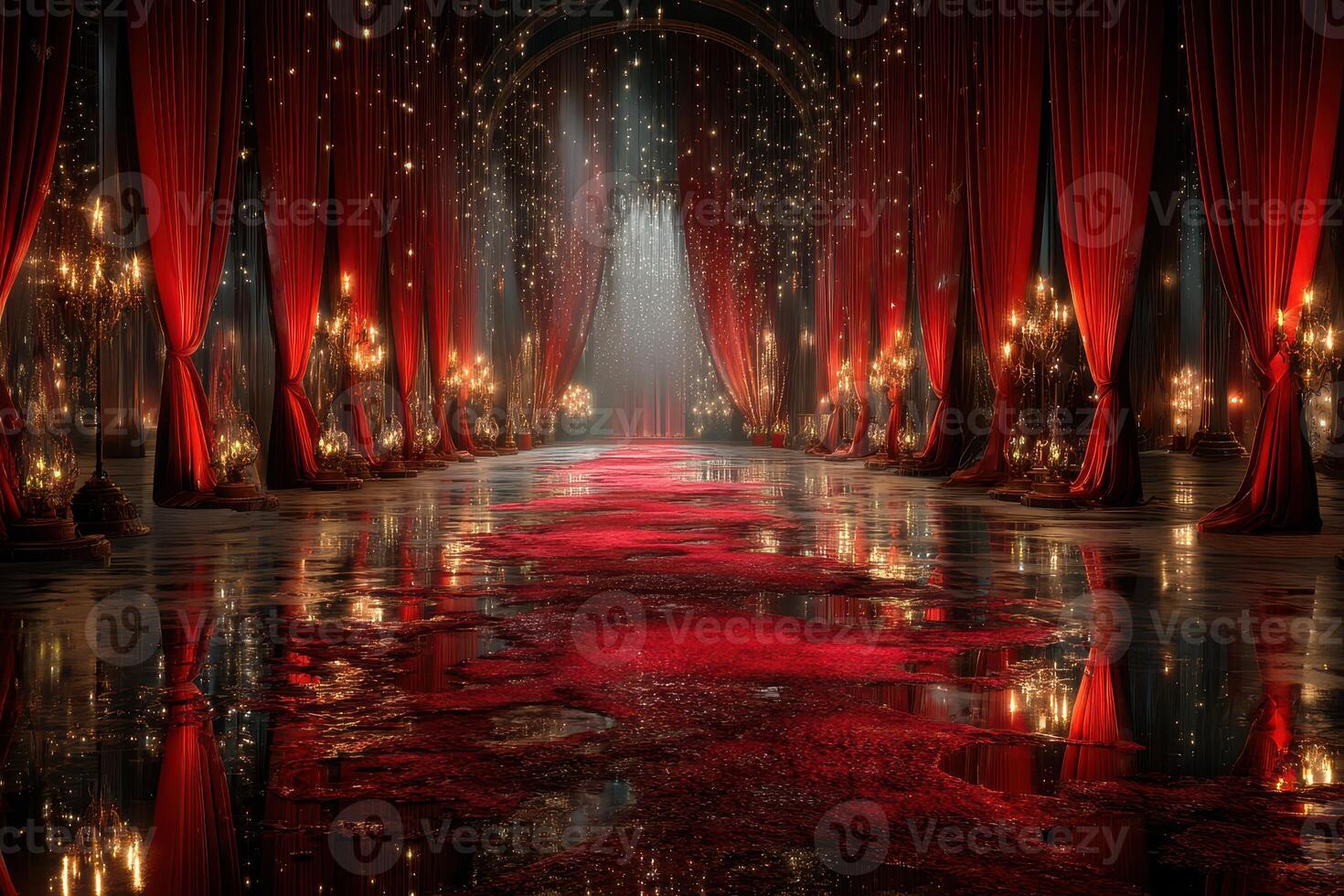 Elegant ballroom with red curtains and sparkling lights creating a magical atmosphere during a grand event at night photo