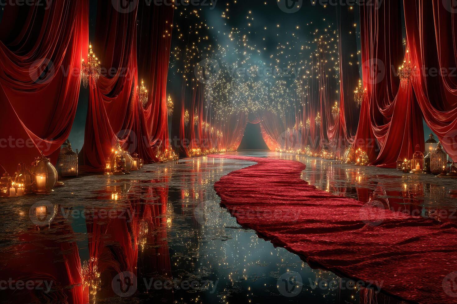 Enchanted red carpet pathway illuminated by shimmering lights and flowing drapes at twilight photo